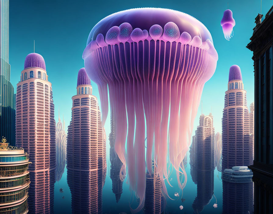 Fatto con AI: Un paesaggio urbano elegante e surreale in cui gli edifici sono realizzati interamente con gigantesche meduse galleggianti