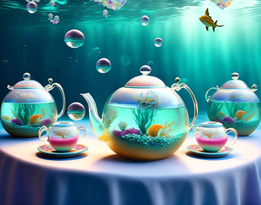 Fatto con AI: Uno stravagante tea party subacqueo con sirene, creature marine e teiere che emettono bolle invece di vapore